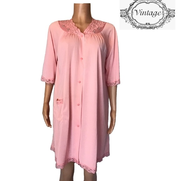 Shadowline Vintage Womens Pink Button Front Nylon Robe Dressing Gown Size Medium - Picture 1 of 9